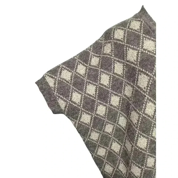 Women's Brown Tan Argyle Oversized Open Front Fringe Cardigan Sweater M/L - Picture 3 of 6